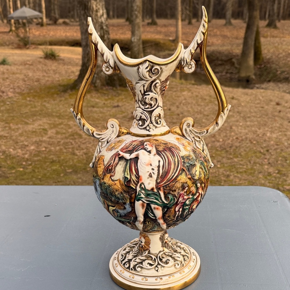 Renaissance Inspired Gold and Cream Ceramic Vase